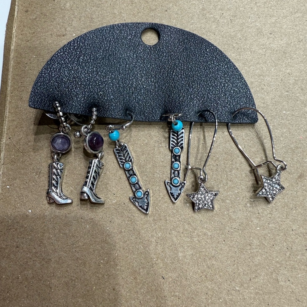 Silver Western Boot, Arrow and Star Dangle Earring Set in Turquoise and Purple